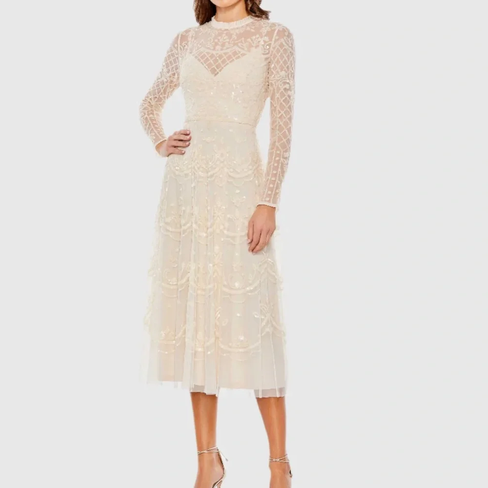 Nude Sequined Illusion Tiered High Neck Long Sleeve Midi Dress Size 6 - Picture 13 of 15